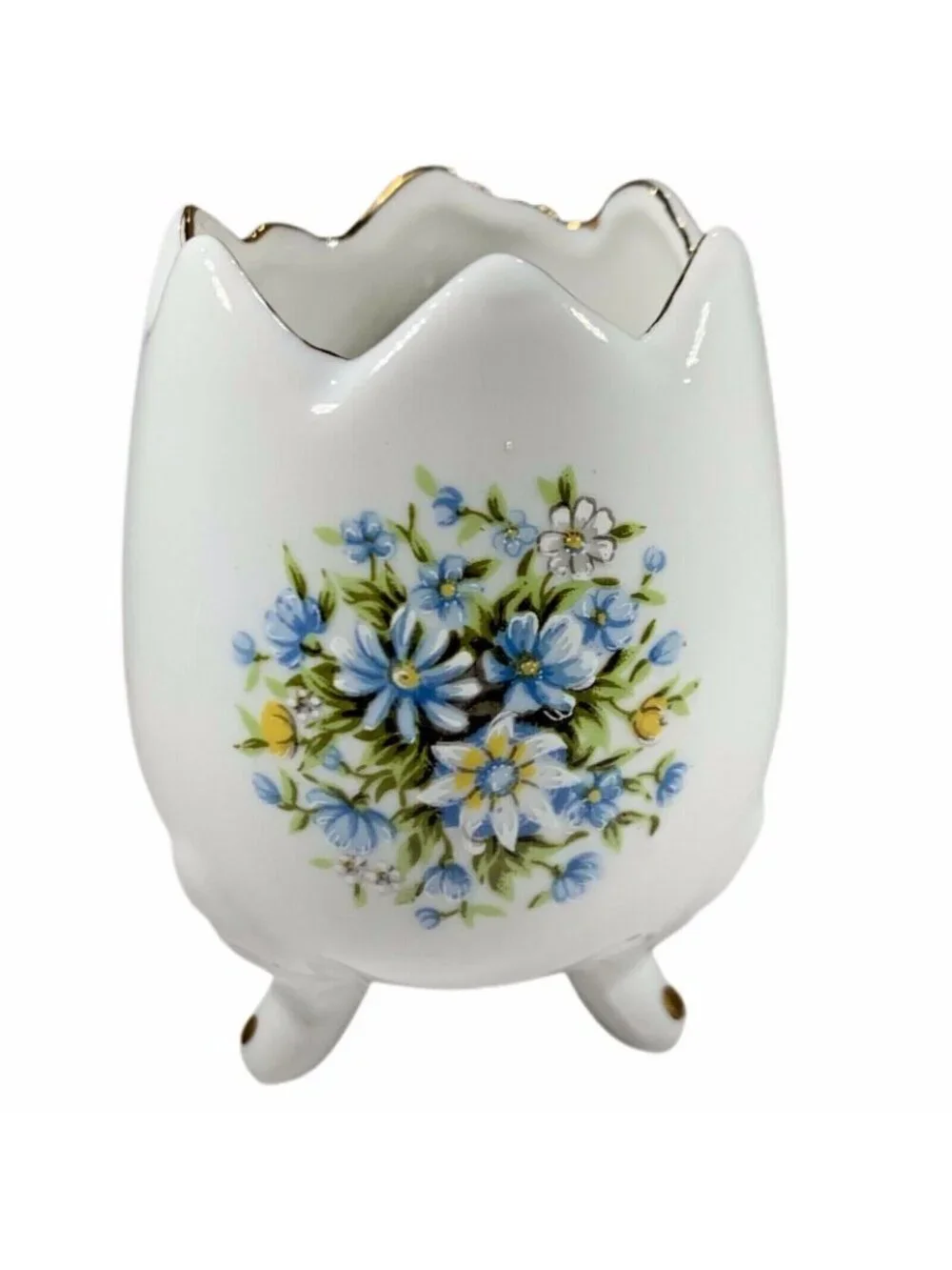 Vtg Cracked Egg Vase Footed Hand Painted Blue Floral Gold Trim Japan Ceramic